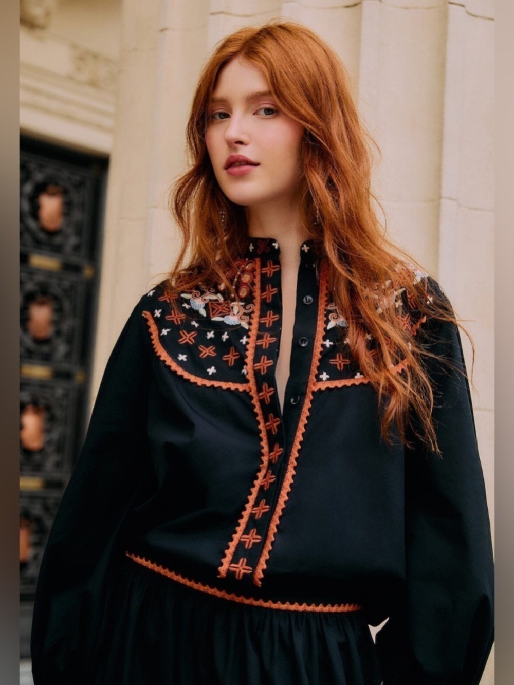 Farm Rio Black Embroidered Buttoned Long Sleeve Shirt